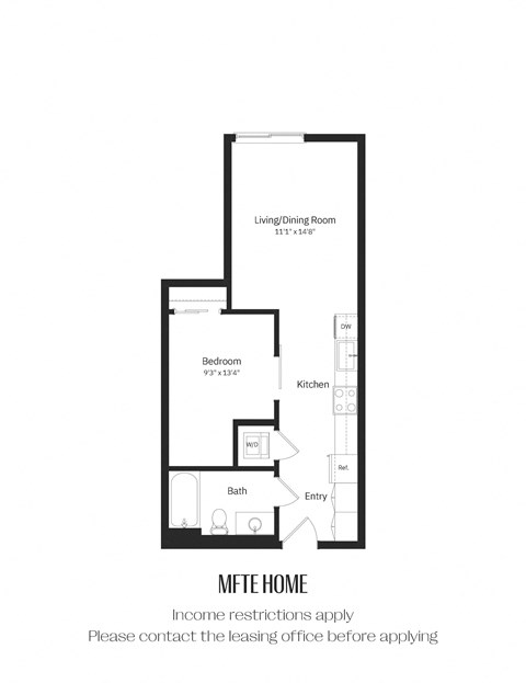 A floor plan of an MFTE home with income restrictions and a note to contact the leasing office before applying.
